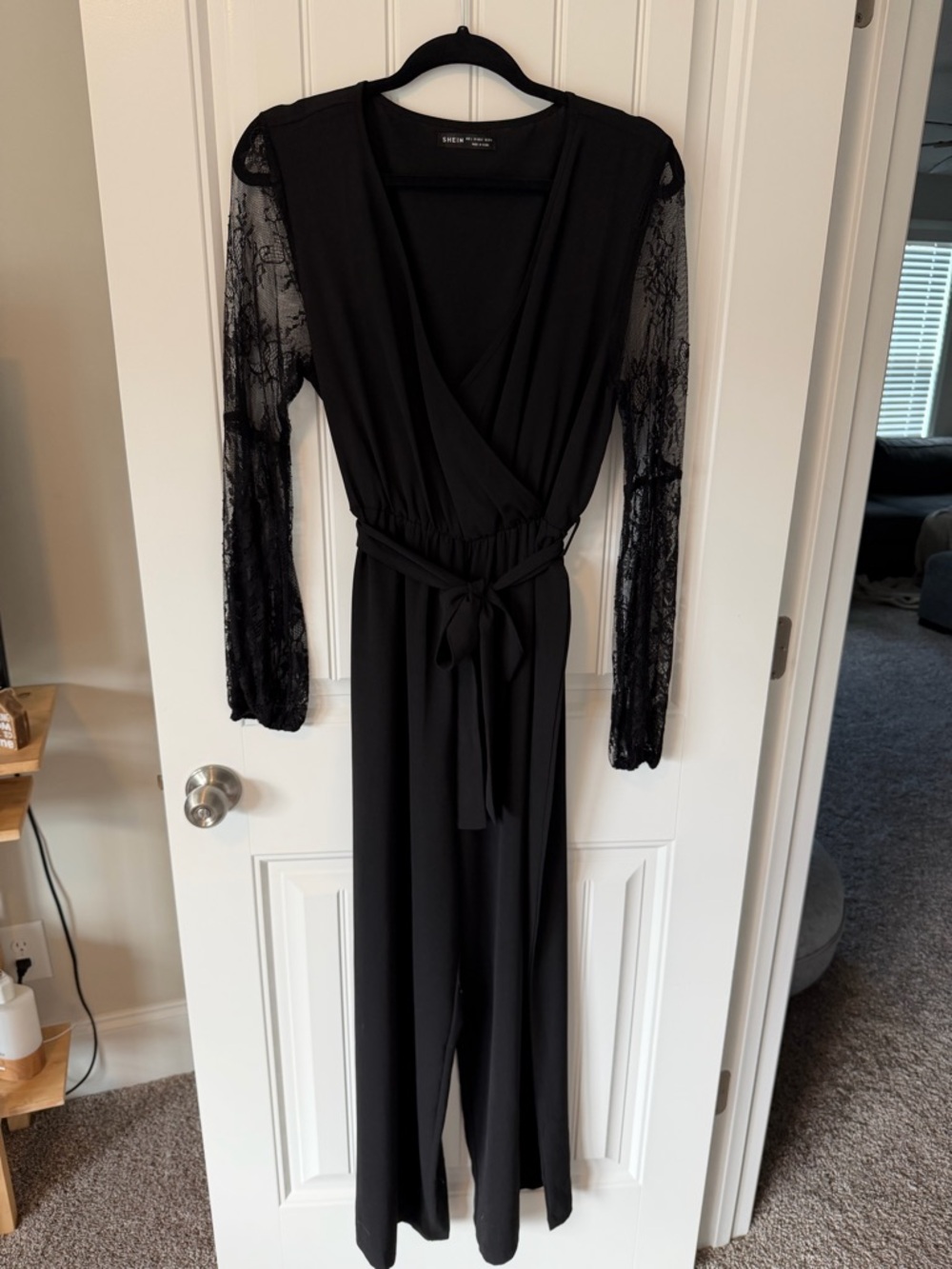SHEIN Black Lace Sleeve Wrap Jumpsuit